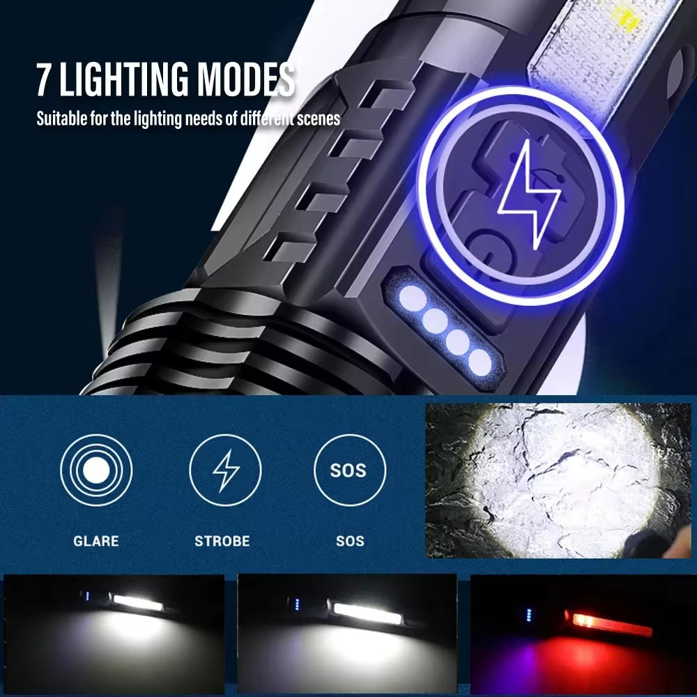 High-Performance XHP50 LED Waterproof Flashlight with Side Light, 7 Modes, USB Rechargeable, Ideal for Camping and Fishing