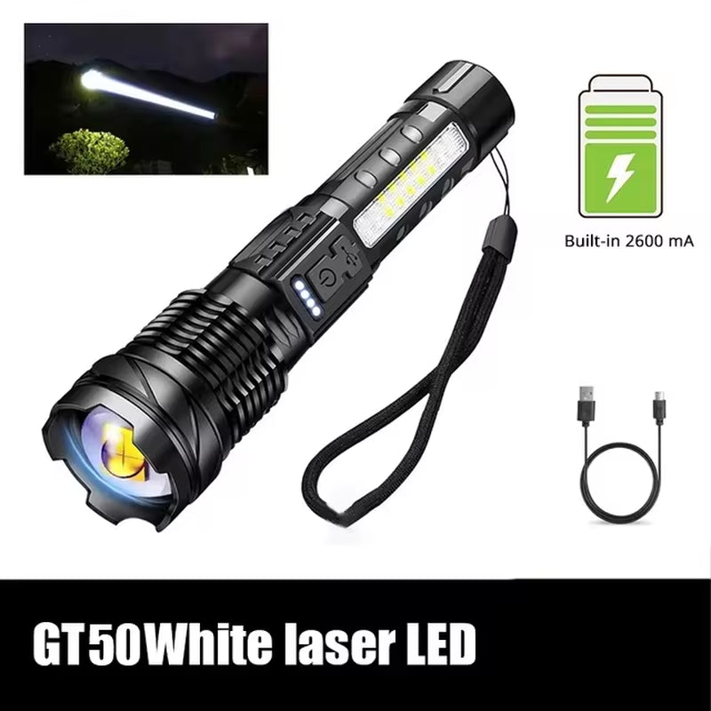 High-Performance XHP50 LED Waterproof Flashlight with Side Light, 7 Modes, USB Rechargeable, Ideal for Camping and Fishing