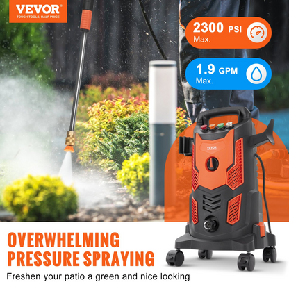 VEVOR Elektrisk högtryckstvätt, 2300 PSI, Max. 1,9 GPM, 1900 W Power Washer med 26 fot slang, 4 snabbkopplingsmunstycken, skumkanon, infällbart handtag för bärbar att rengöra uteplatser, bilar, staket, uppfarter