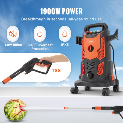 VEVOR Electric Pressure Washer, 2300 PSI, Max. 1.9 GPM, 1900W Power Washer w/ 26 ft Hose, 4 Quick Connect Nozzles, Foam Cannon, Retractable Handle for Portable to Clean Patios, Cars, Fences, Driveways