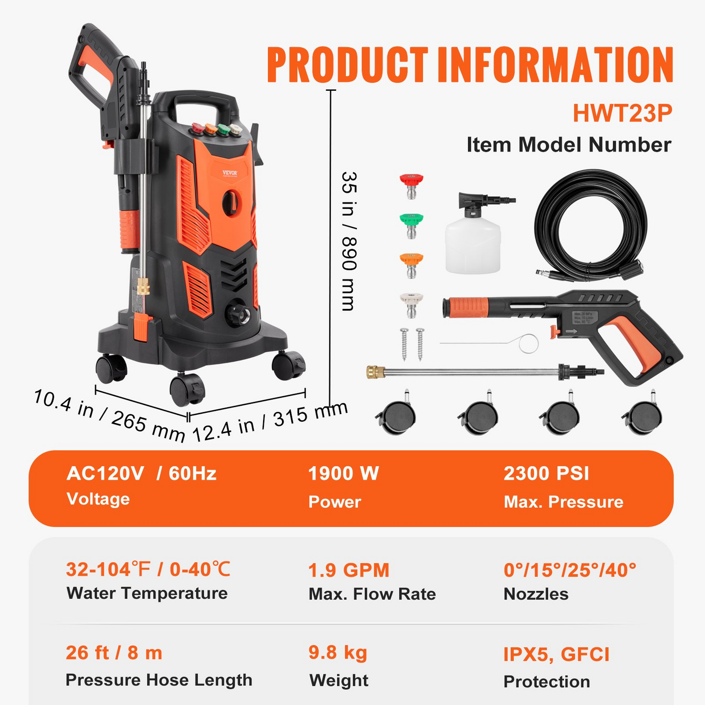 VEVOR Elektrisk högtryckstvätt, 2300 PSI, Max. 1,9 GPM, 1900 W Power Washer med 26 fot slang, 4 snabbkopplingsmunstycken, skumkanon, infällbart handtag för bärbar att rengöra uteplatser, bilar, staket, uppfarter