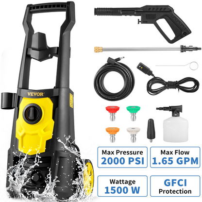 VEVOR Electric Power Washer, 2000 PSI, Max 1.65 GPM Pressure Washer w/ 30 ft Hose & Reel, 5 Quick Connect Nozzles, Foam Cannon, Portable to Clean Patios, Cars, Fences, Driveways, ETL Listed