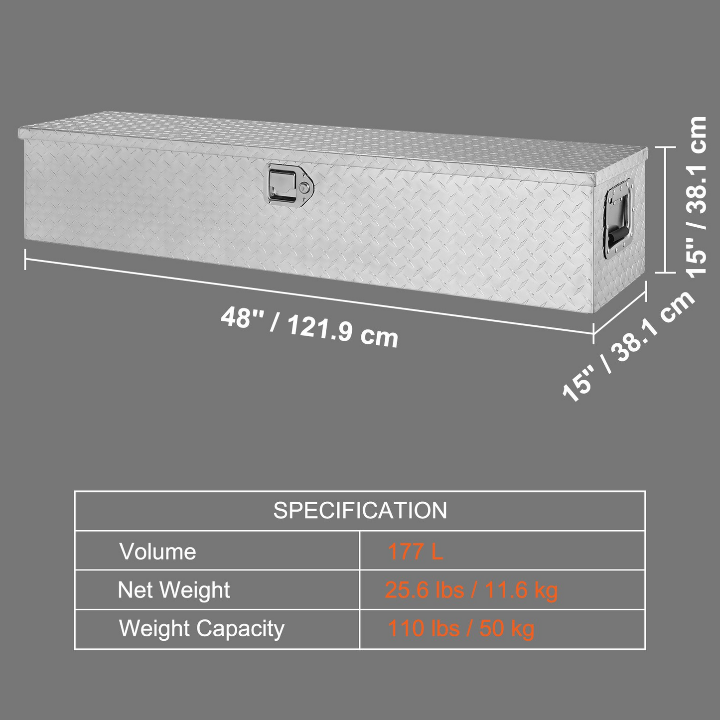 VEVOR Heavy Duty lastbilsbädd i aluminium, verktygslåda med diamantplåt med sidohandtag och låsnycklar, förvaringsverktygslåda, förvaringsbox för pickup, lastbilsbädd, husbil, släp, 48"x15"x15", silver