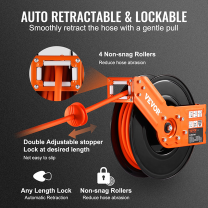 VEVOR infällbar luftslangrulle, 3/8 IN x 50 FT Hybridluftslang Max 300PSI, luftkompressorslangrulle med 5 fot inledning, tak-/väggmonterad Heavy Duty enarmsstålupprullare