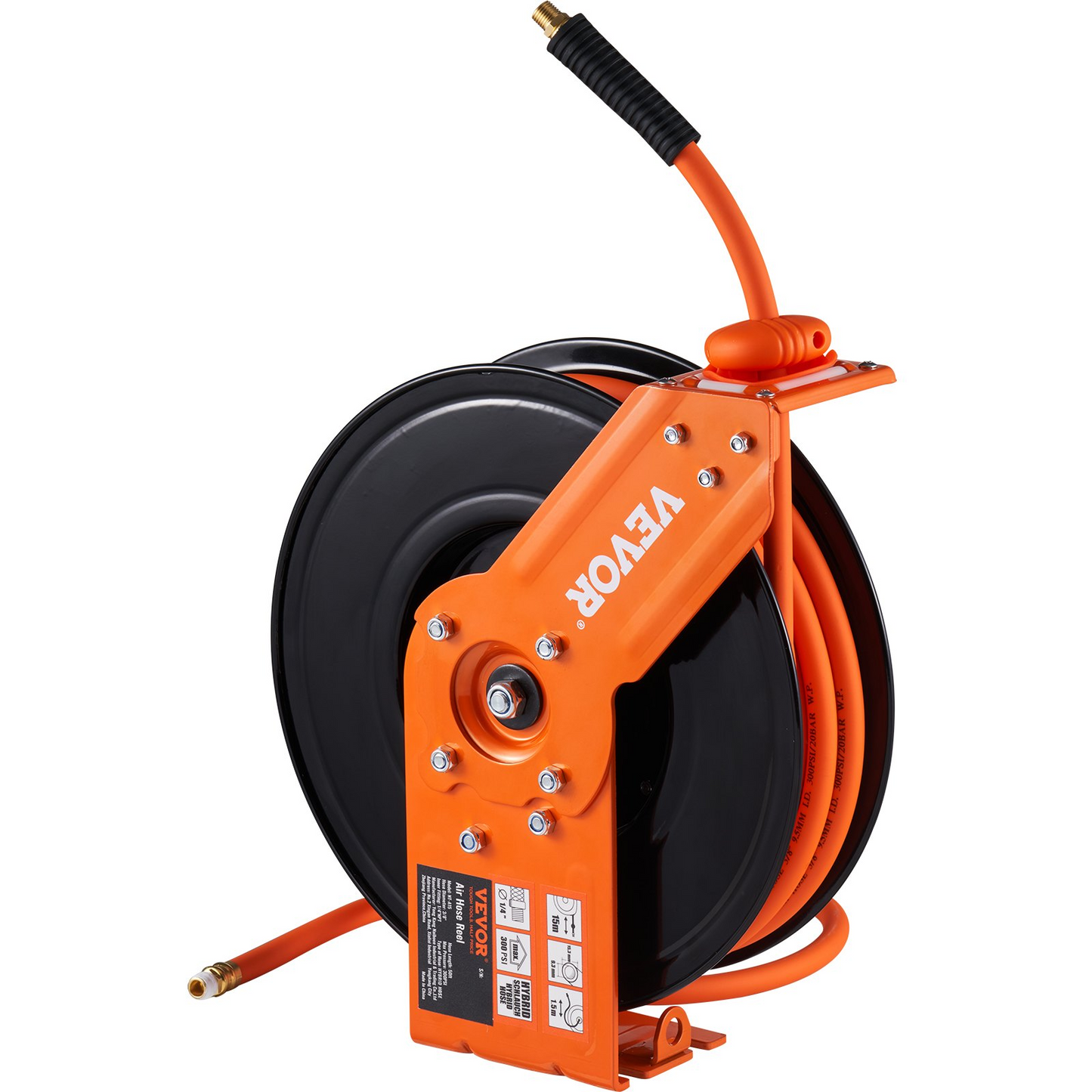 VEVOR Retractable Air Hose Reel, 3/8 IN x 50 FT Hybrid Air Hose Max 300PSI, Air Compressor Hose Reel with 5 ft Lead in, Ceiling / Wall Mount Heavy Duty Single Arm Steel Reel