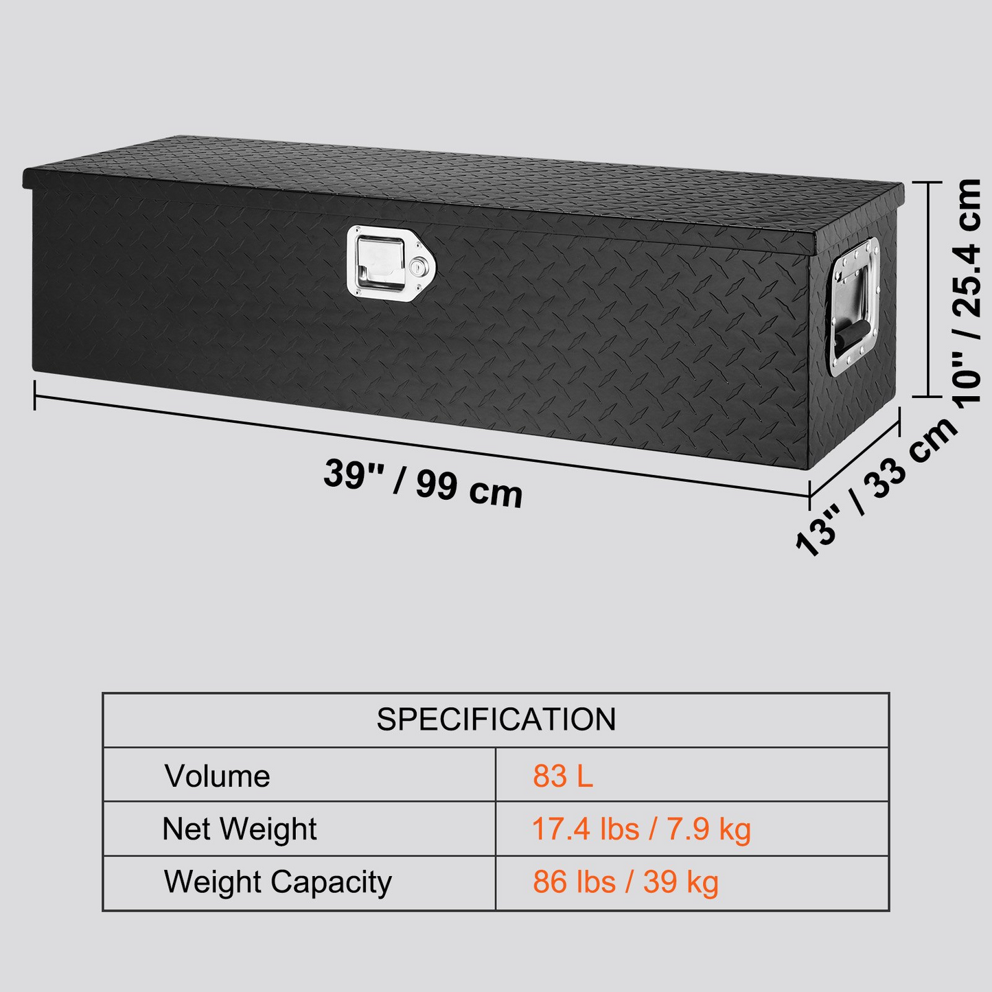 VEVOR Heavy Duty lastbilsbädd i aluminium, verktygslåda med diamantplåt med sidohandtag och låsnycklar, förvaringsverktygslåda, förvaringsbox för pickup, lastbilsbädd, husbil, släp, 39"x13"x10", svart