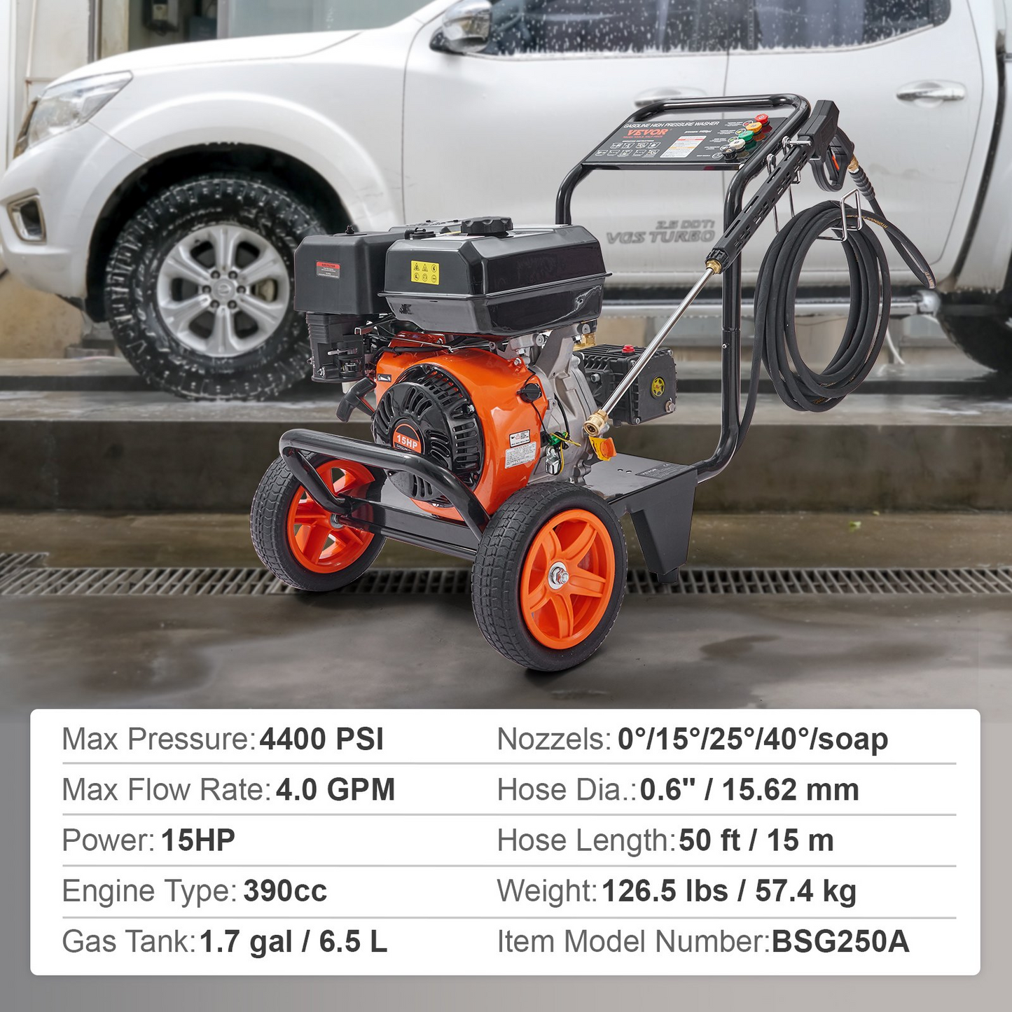 VEVOR gastryckstvätt, 4400 PSI 4.0 GPM, gasdriven högtryckstvätt med kopparpump, sprutpistol och förlängningsstav, 5 snabbkopplingsmunstycken, för rengöring av bilar, hem, uppfarter, uteplatser