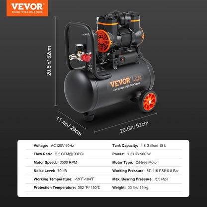 VEVOR luftkompressor 4,8 gallon 900W 2,2 CFM@ 90PSI 70 dB Ultra Tyst oljefri