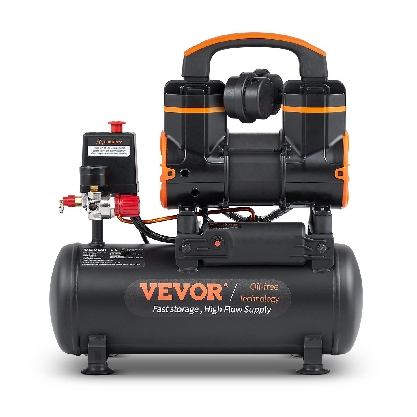 VEVOR luftkompressor 2,1 gallon 900W 2,2 CFM@ 90PSI 70 dB Ultra tyst oljefri