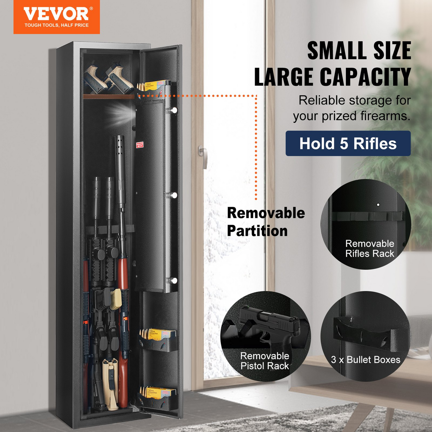 VEVOR 5 Gun Safe, Gun Security Cabinet with Fingerprint Lock, Quick Access Gun Storage Cabinet with Removable Shelf, Pistol Rack, Gun Cabinet for Home Long Gun and Pistols