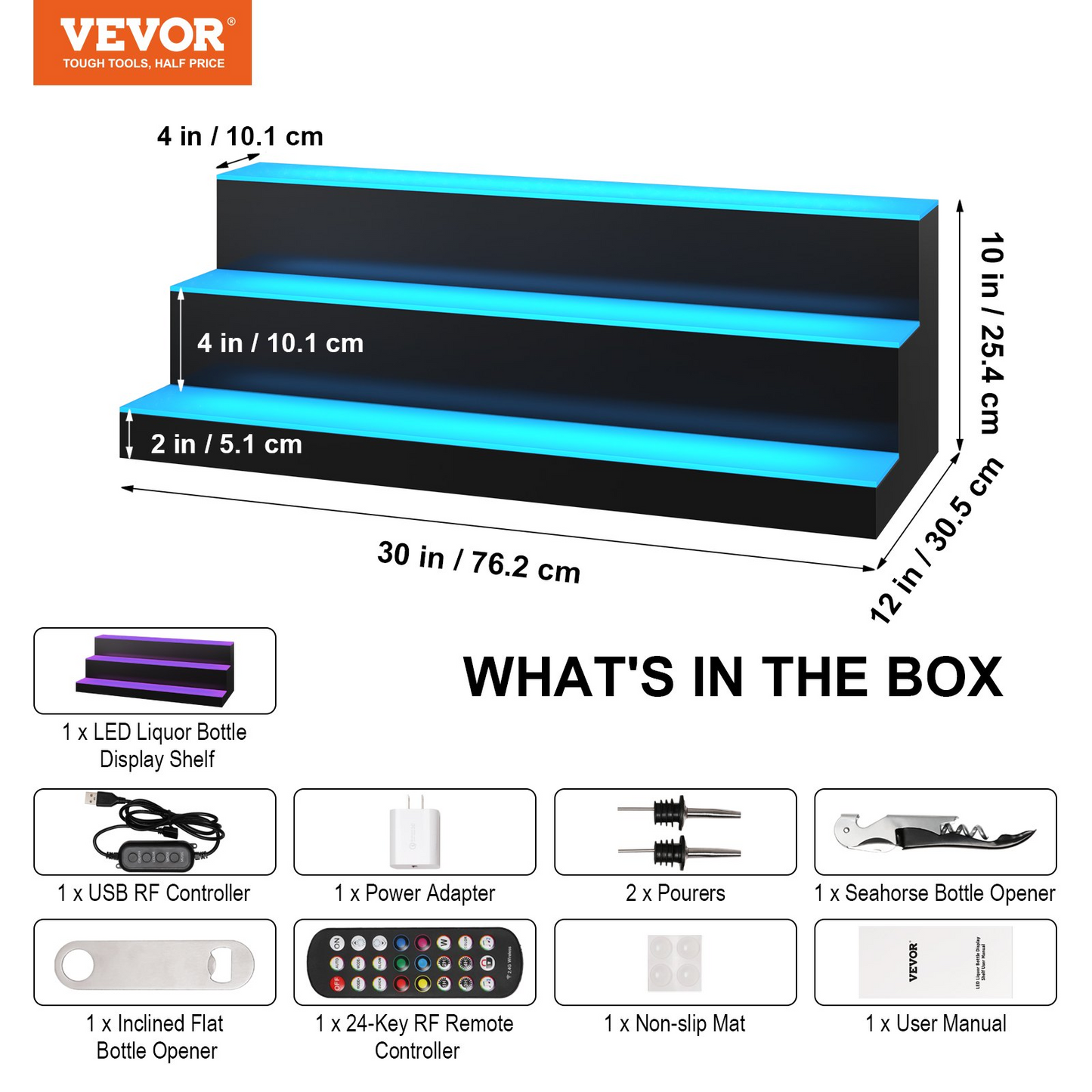 VEVOR LED-upplyst spritflaska Display Bar Hylla RF &amp; App Control 30" 3-steg