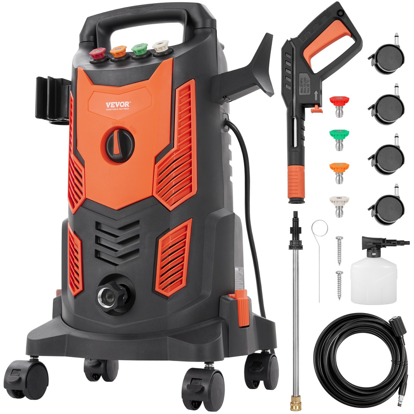 VEVOR Elektrisk högtryckstvätt, 2300 PSI, Max. 1,9 GPM, 1900 W Power Washer med 26 fot slang, 4 snabbkopplingsmunstycken, skumkanon, infällbart handtag för bärbar att rengöra uteplatser, bilar, staket, uppfarter