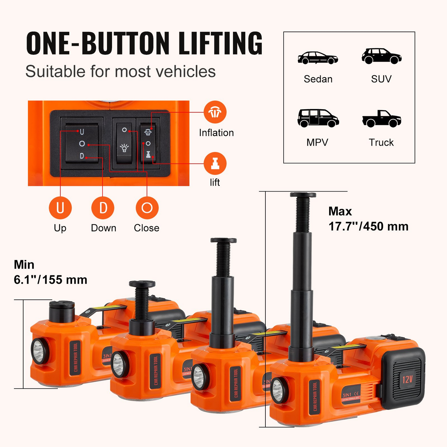 VEVOR elbiluttag, 5 ton/11023 LBS Hydraulisk biluttag, bärbar biluttagslyft med inbyggd uppblåsbar pump och LED-ljus, biluttag för SUV MPV Sedan lastbilsbyte av däck Garagereparation