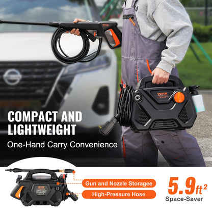 VEVOR Electric Pressure Washer, 2150-PSI 1.85-GPM, Foam Cannon High-Pressure with 5 Different Nozzle, 20ft Hose/35ft Cord Lightweight Washer, Portable Cleans Cars/Fences/Patios/Furniture/Floor/Window