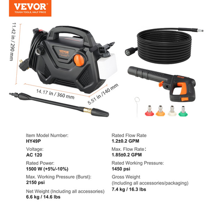 VEVOR Electric Pressure Washer, 2150-PSI 1.85-GPM, Foam Cannon High-Pressure with 5 Different Nozzle, 20ft Hose/35ft Cord Lightweight Washer, Portable Cleans Cars/Fences/Patios/Furniture/Floor/Window