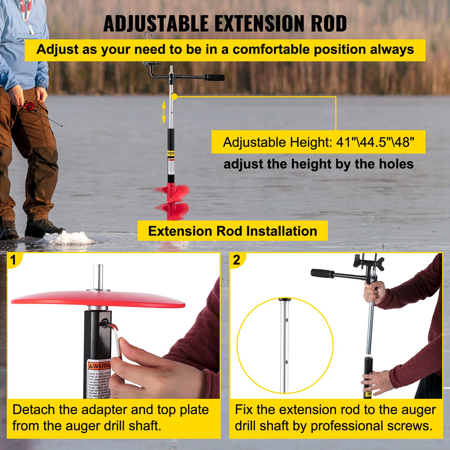 VEVOR Ice Drill Auger, 8'' Diameter Nylon Ice Auger, 41'' Length Ice Auger Bit, Auger Drill w/ 14'' Adjustable Extension Rod, Rubber Handle, Drill Adapter, Replaceable Auger Blade for Ice Fishing Red