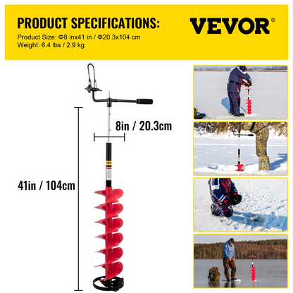 VEVOR Ice Drill Auger, 8'' Diameter Nylon Ice Auger, 41'' Length Ice Auger Bit, Auger Drill w/ 14'' Adjustable Extension Rod, Rubber Handle, Drill Adapter, Replaceable Auger Blade for Ice Fishing Red