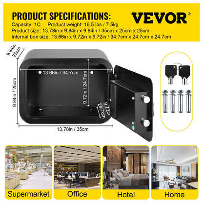 VEVOR kassaskåp, 1 kubikfots kassaskåp med fingeravtryckslås och nyckellås, hemskåp i legerat stål med 2 nycklar, väggmonterad säkerhetsskåp för kontanter, klocka, smycken, pass, dokument (svart)