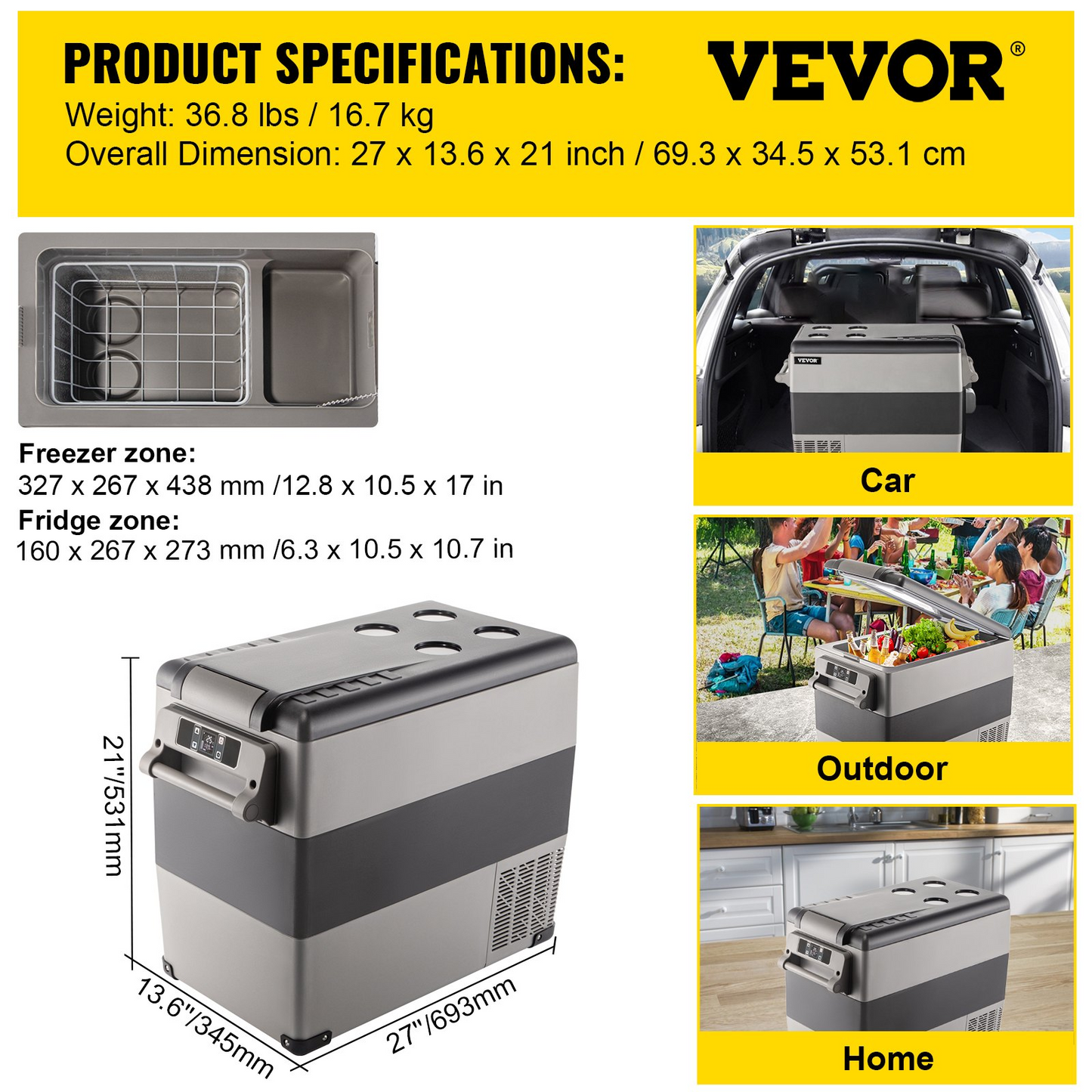 VEVOR 12 Volt Refrigerator, 58 Quart Car Refrigerator, Dual Zone Portable Refrigerator,RV Refrigerator with 12/24V DC and 110-240V AC, Freezer Fridge Cooler, for Car, RV, Camping and Home Use