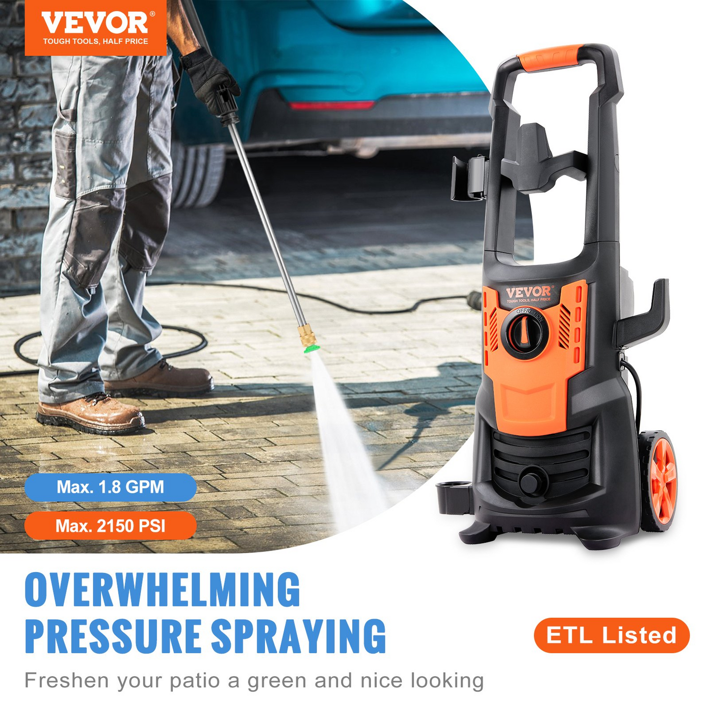 VEVOR Elektrisk högtryckstvätt, 2150 PSI, Max. 1,8 GPM, 1800 W Power Washer med 26 fot slang, 4 snabbkopplingsmunstycken, skumkanon, portabel för att rengöra uteplatser, bilar, staket, uppfarter