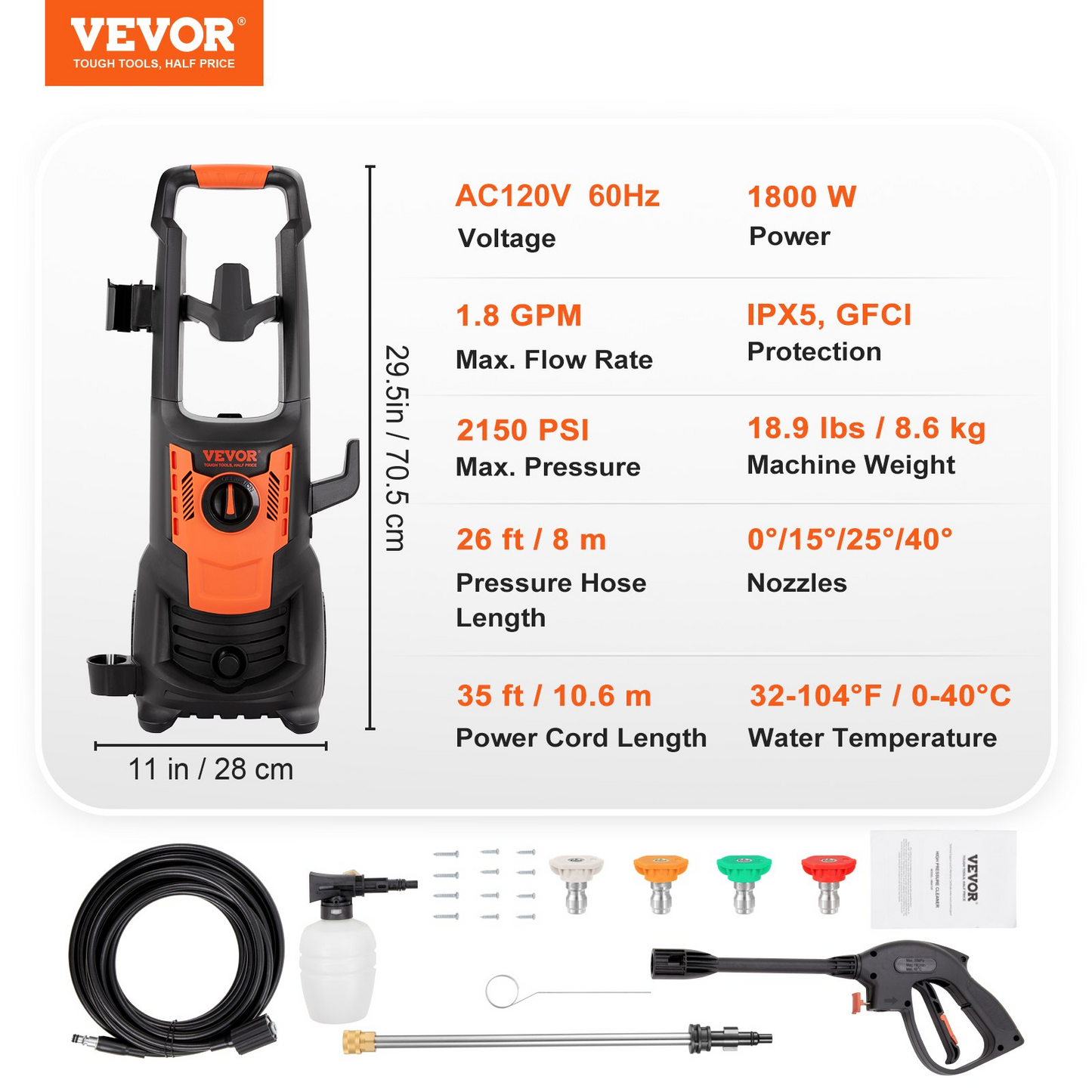 VEVOR Elektrisk högtryckstvätt, 2150 PSI, Max. 1,8 GPM, 1800 W Power Washer med 26 fot slang, 4 snabbkopplingsmunstycken, skumkanon, portabel för att rengöra uteplatser, bilar, staket, uppfarter