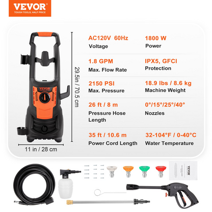 VEVOR Electric Pressure Washer, 2150 PSI, Max. 1.8 GPM, 1800W Power Washer w/ 26 ft Hose, 4 Quick Connect Nozzles, Foam Cannon, Portable to Clean Patios, Cars, Fences, Driveways