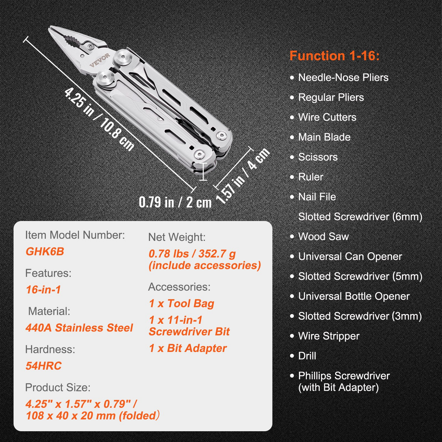 VEVOR 16-In-1 Multitool Pliers, Multi Tool Pliers, Cutters, Knife, Scissors, Ruler, Screwdrivers, Wood Saw, Can Bottle Opener, with Safety Locking and Sheath, for Survival, Camping, Hunting and Hiking