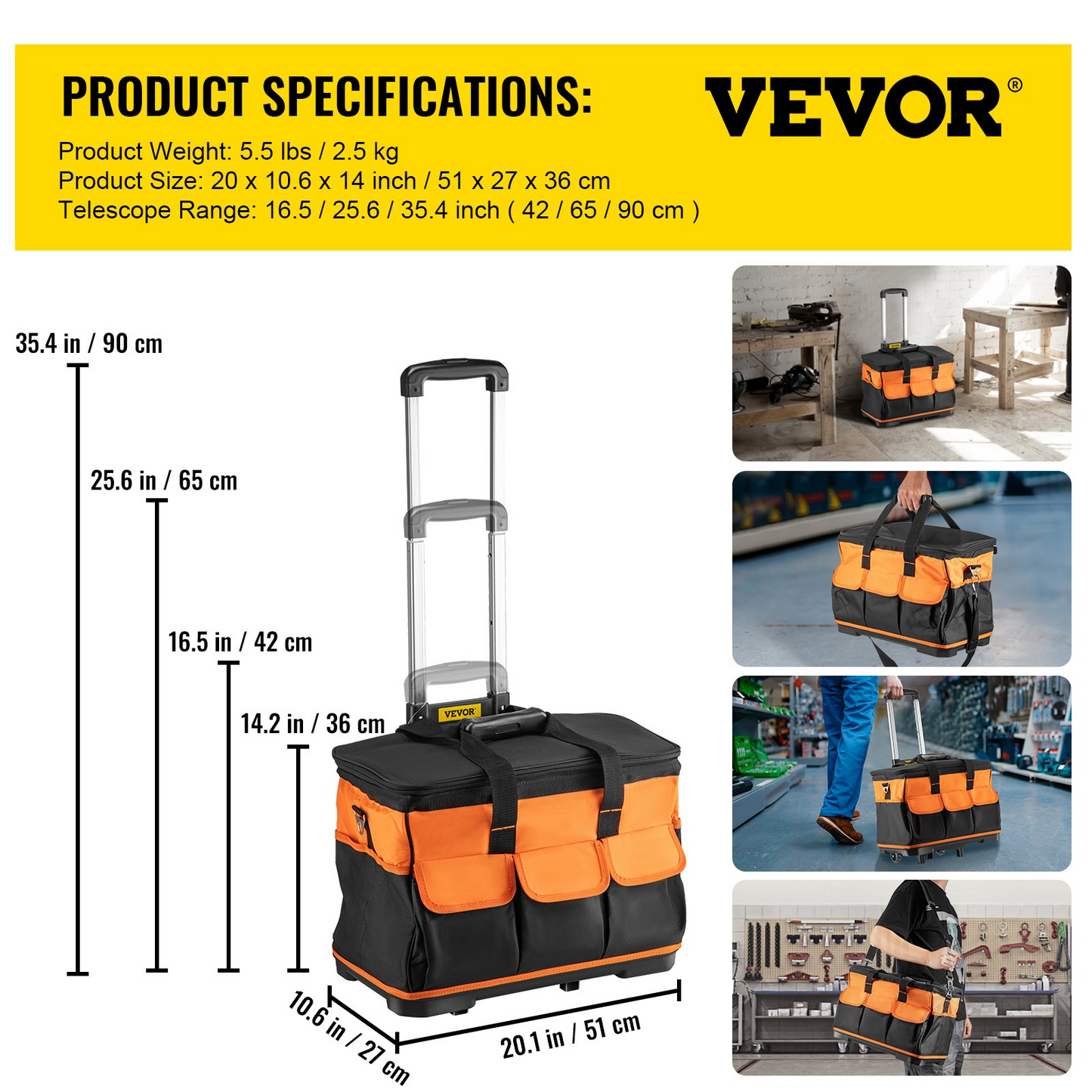 VEVOR Tool Bag 20-inch 17 Pockets Rolling Tool Bag with Two 2.56in Wheels, Oxford Fabric Material with Telescoping Handle, 198lb Load Capacity for Garden Electrician Tool Organization