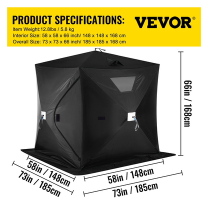 VEVOR 2-3 Person Ice Fishing Shelter, Pop-Up Portable Insulated Ice Fishing Tent, Waterproof Oxford Fabric