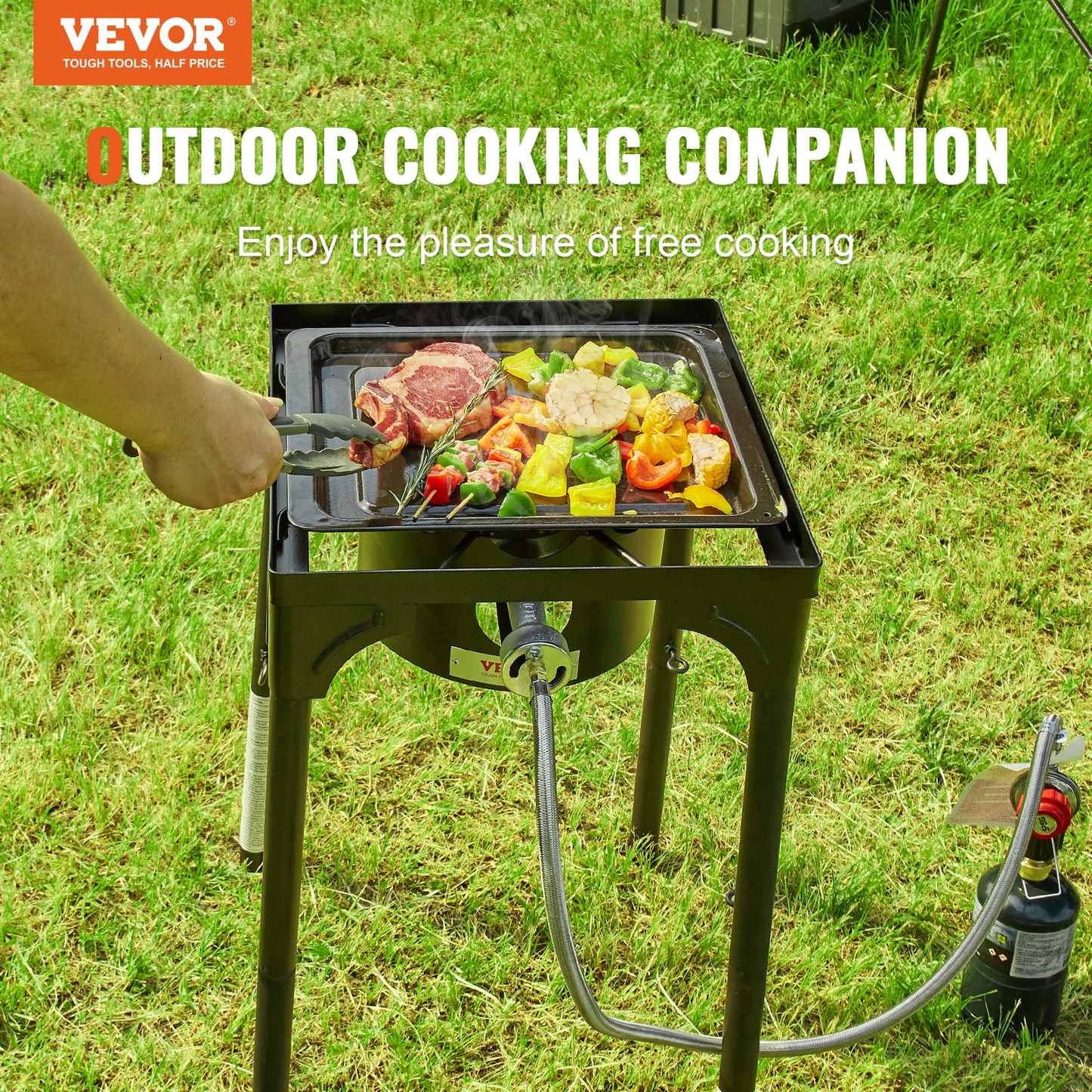 VEVOR Single Burner Outdoor Camping Stove, 30,000-BTU Camping Modular Cooking Stove, Heavy Duty Carbon Steel Gas Cooker with Detachable Legs Stand & PSI Regulator, for BBQ Home Camp Patio RV Cooking