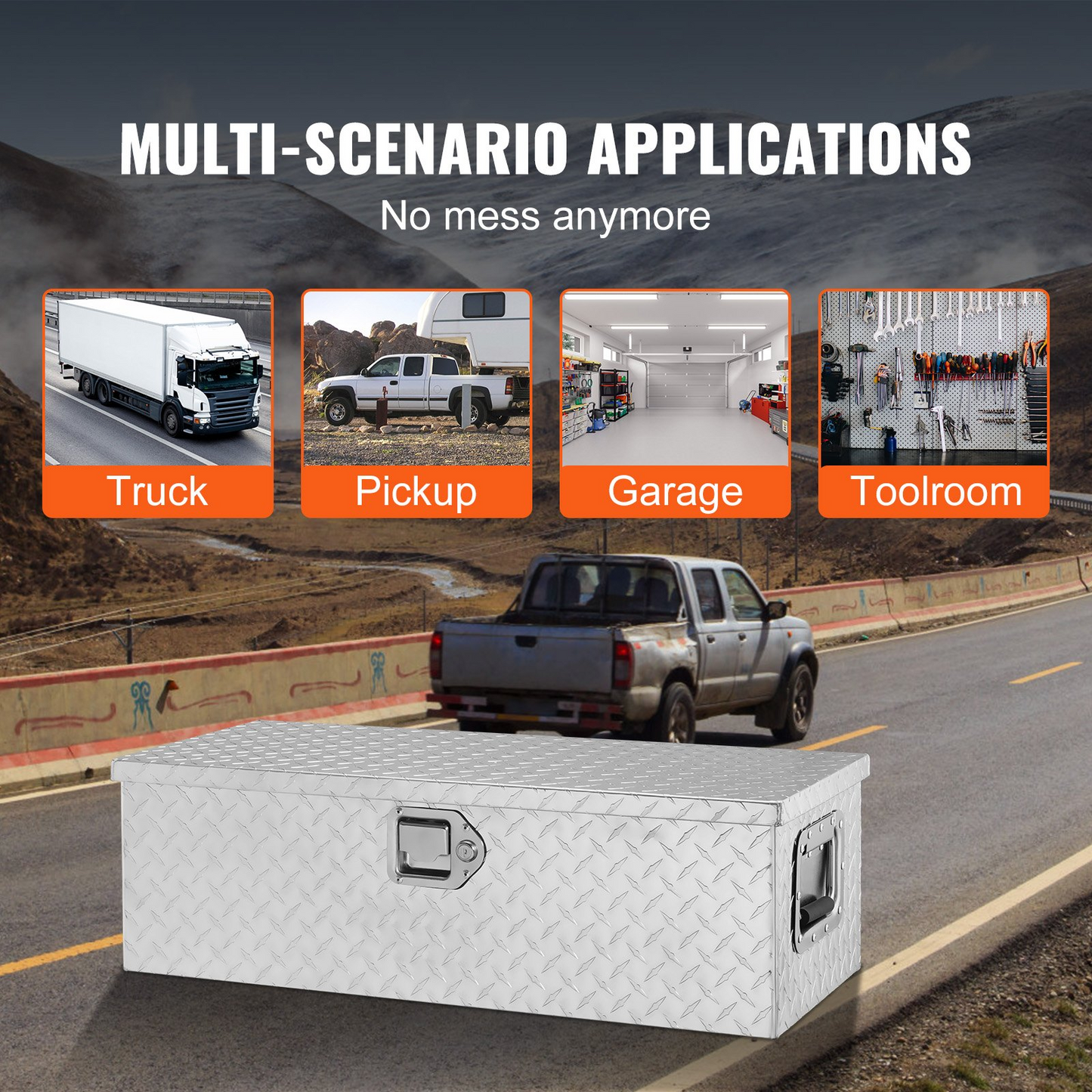 VEVOR Heavy Duty Aluminum Truck Bed Tool Box, Diamond Plate Tool Box with Side Handle and Lock Keys, Storage Tool Box Chest Box Organizer for Pickup, Truck Bed, RV, Trailer, 30"x13"x9.6", Silver