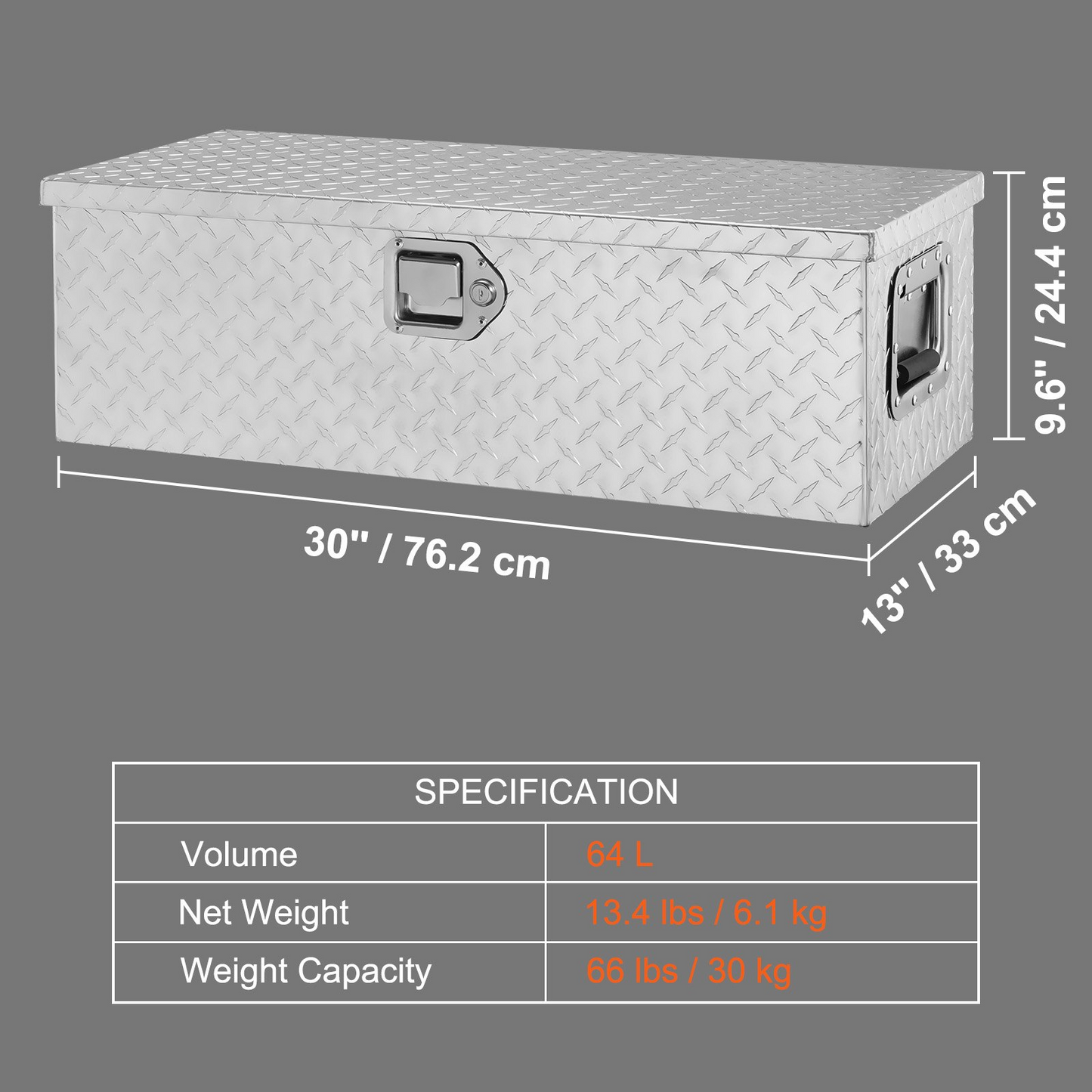 VEVOR Heavy Duty lastbilsflak i aluminium, verktygslåda med diamantplåt med sidohandtag och låsnycklar, förvaringsverktygslåda, förvaringsbox för pickup, lastbilsbädd, husbil, släp, 30"x13"x9,6", silver