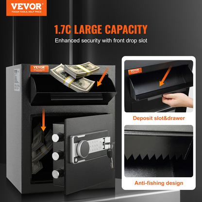 VEVOR 1.7 Cub Depository Safe, Deposit Safe with Drop Slot, Electronic Code Lock and 2 Emergency Keys, 17.71'' x 13.77'' x 13.77'' Business Drop Slot Safe for Cash, Mail in Home, Hotel, Office