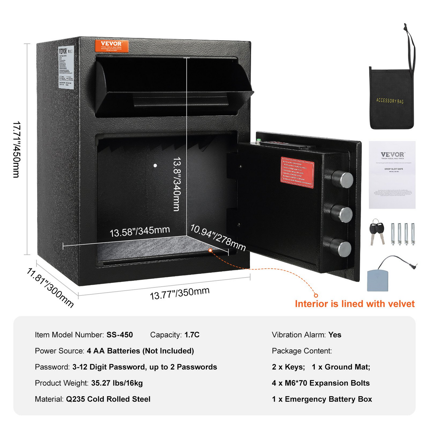 VEVOR 1,7 Cub Depository Safe, Deponeringsskåp med Drop Slot, elektroniskt kodlås och 2 Emergency Keys, 17,71'' x 13,77'' x 13,77'' Business Drop Slot Säkert för kontanter, post i hemmet, hotell, kontor