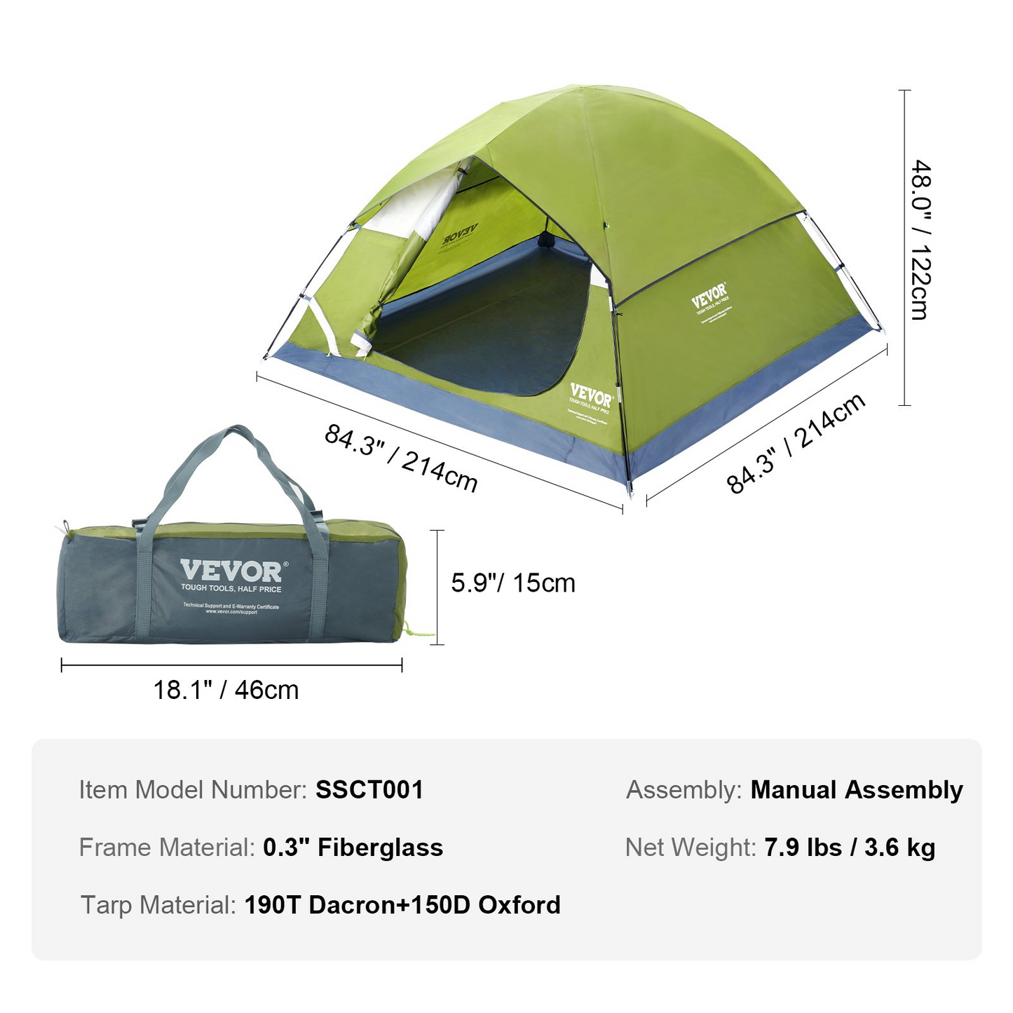 VEVOR 3 Person Camping Tent, Waterproof Lightweight Backpacking Tent for Outdoor Family Camping,Hiking,Hunting, Mountaineering Travel 7'x7'x48"