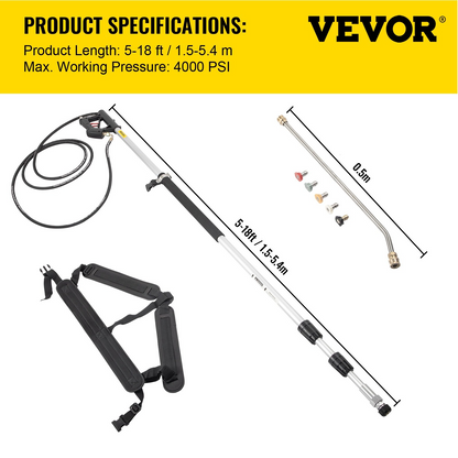 VEVOR Telescoping Pressure Washer Wand, 18ft Length Adjustable Power Washer Extension Wand, 4000PSI 9GPM Power Cleaning Tools w/ Strap Belt, 5 Nozzle Tips, 3/8'' & 1/4'' Quick Connectors, Silver/Black