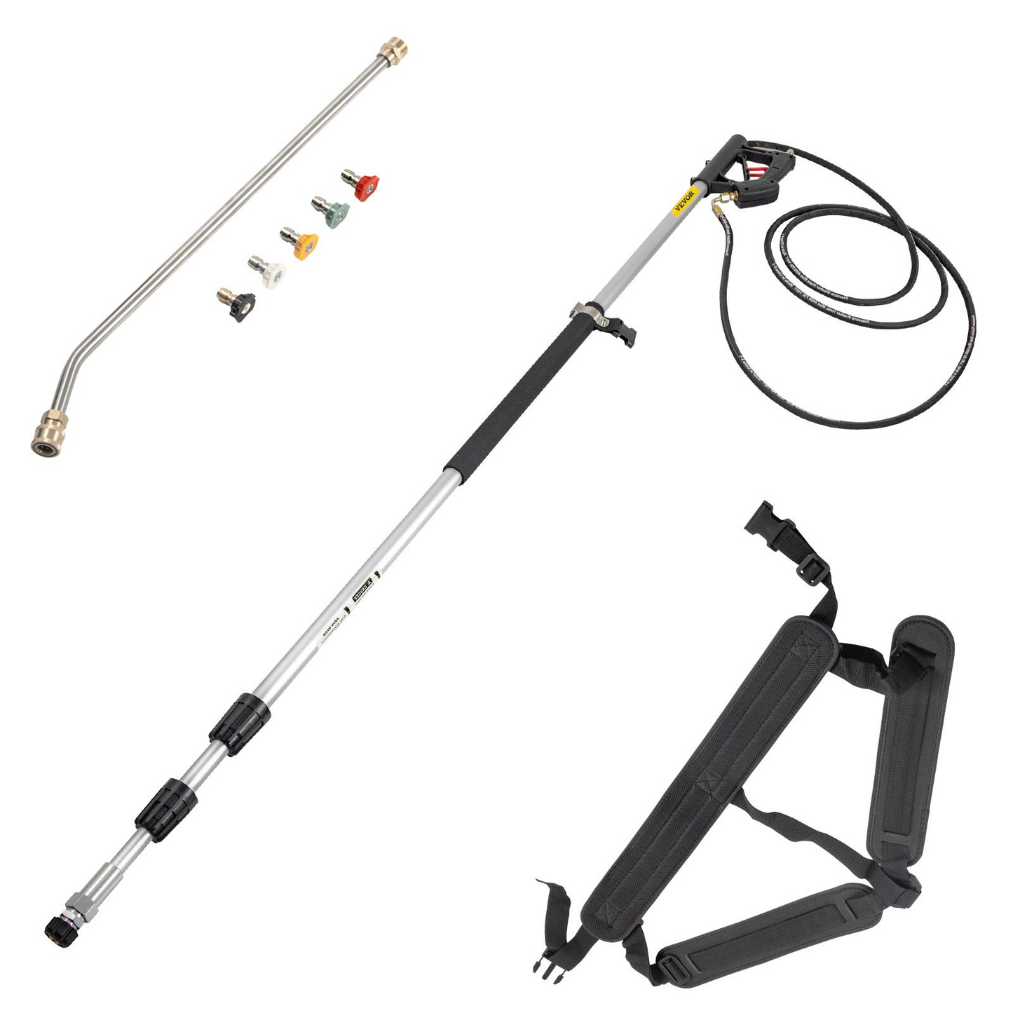 VEVOR Telescoping Pressure Washer Wand, 18ft Length Adjustable Power Washer Extension Wand, 4000PSI 9GPM Power Cleaning Tools w/ Strap Belt, 5 Nozzle Tips, 3/8'' & 1/4'' Quick Connectors, Silver/Black