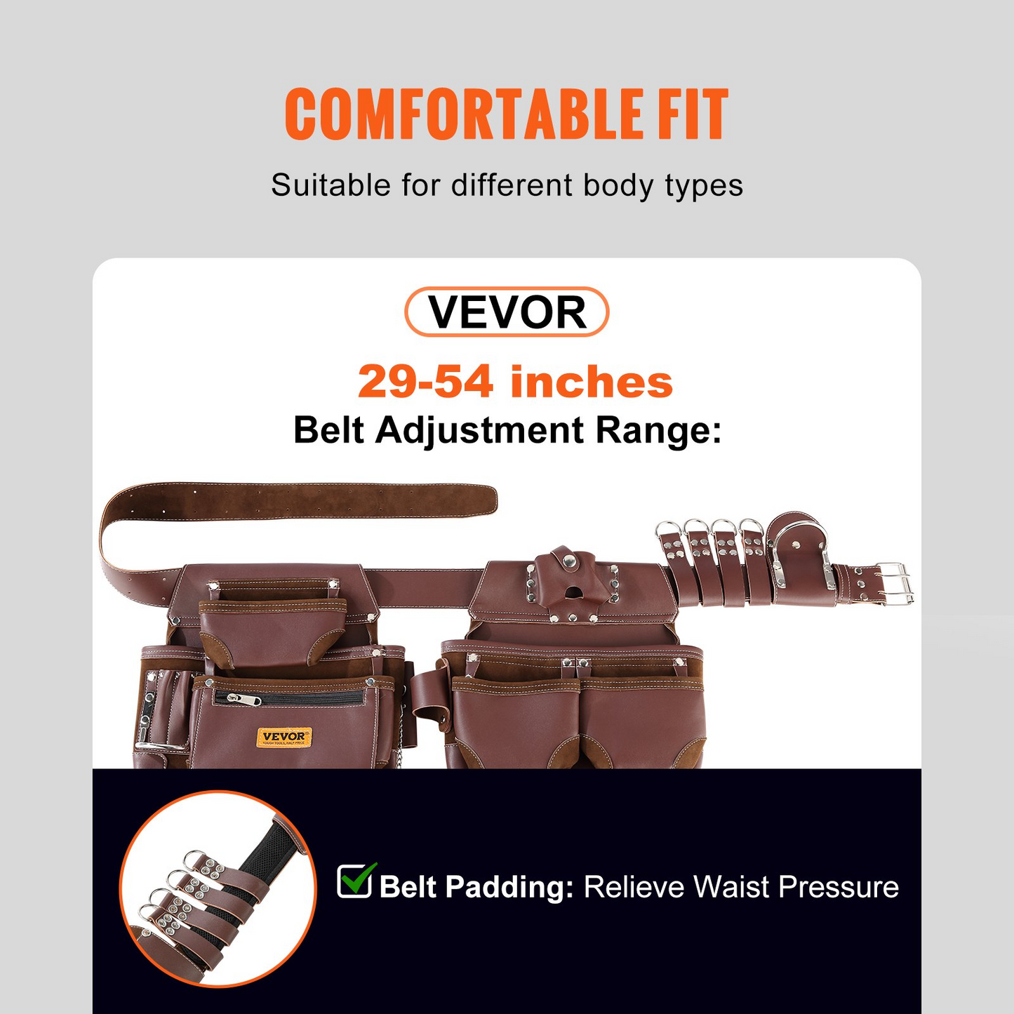 VEVOR Tool Belt, 22 Pockets, Adjust from 29 Inches to 54 Inches, Premium PU Heavy Duty Tool Pouch Bag, Detachable Tool Bag for Electrician, Carpenter, Handyman, Woodworker, Construction, Framer, Brown