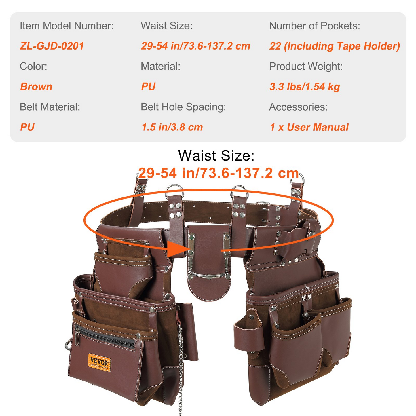 VEVOR Tool Belt, 22 Pockets, Adjust from 29 Inches to 54 Inches, Premium PU Heavy Duty Tool Pouch Bag, Detachable Tool Bag for Electrician, Carpenter, Handyman, Woodworker, Construction, Framer, Brown