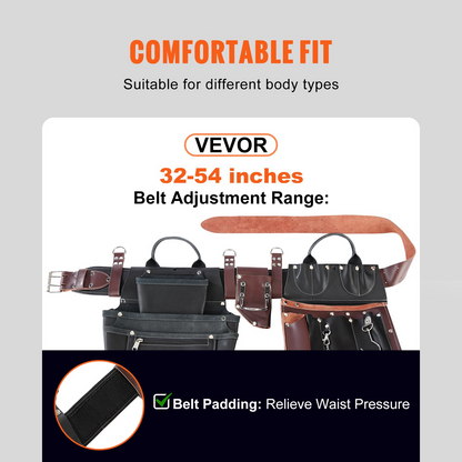 VEVOR Tool Belt, 31 Pockets, Adjusts 32 Inches to 54 Inches, Leather Heavy Duty Tool Pouch Bag, Detachable Tool Bag for Electrician, Carpenter, Handyman, Woodworker, Construction, Black/Brown