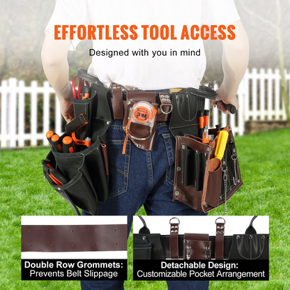 VEVOR Tool Belt, 31 Pockets, Adjusts 32 Inches to 54 Inches, Leather Heavy Duty Tool Pouch Bag, Detachable Tool Bag for Electrician, Carpenter, Handyman, Woodworker, Construction, Black/Brown