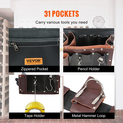 VEVOR Tool Belt, 31 Pockets, Adjusts 32 Inches to 54 Inches, Leather Heavy Duty Tool Pouch Bag, Detachable Tool Bag for Electrician, Carpenter, Handyman, Woodworker, Construction, Black/Brown