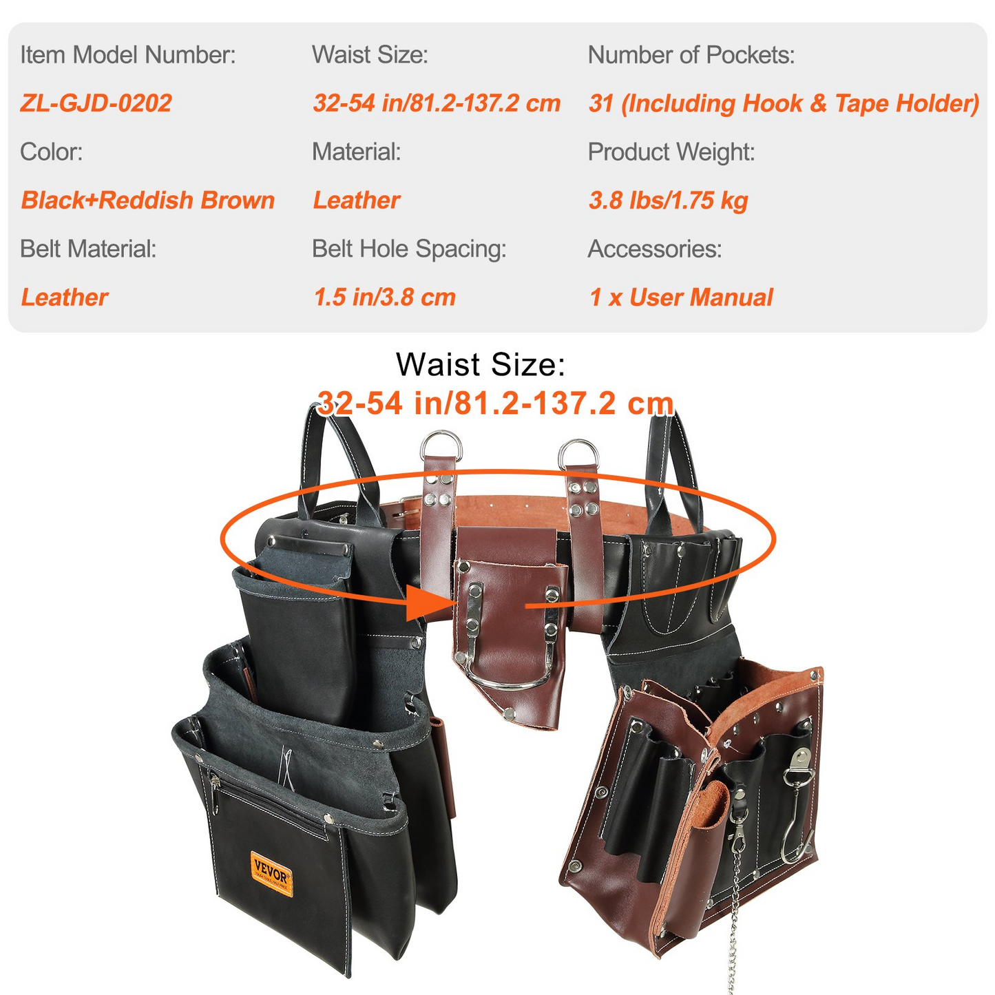 VEVOR Tool Belt, 31 Pockets, Adjusts 32 Inches to 54 Inches, Leather Heavy Duty Tool Pouch Bag, Detachable Tool Bag for Electrician, Carpenter, Handyman, Woodworker, Construction, Black/Brown