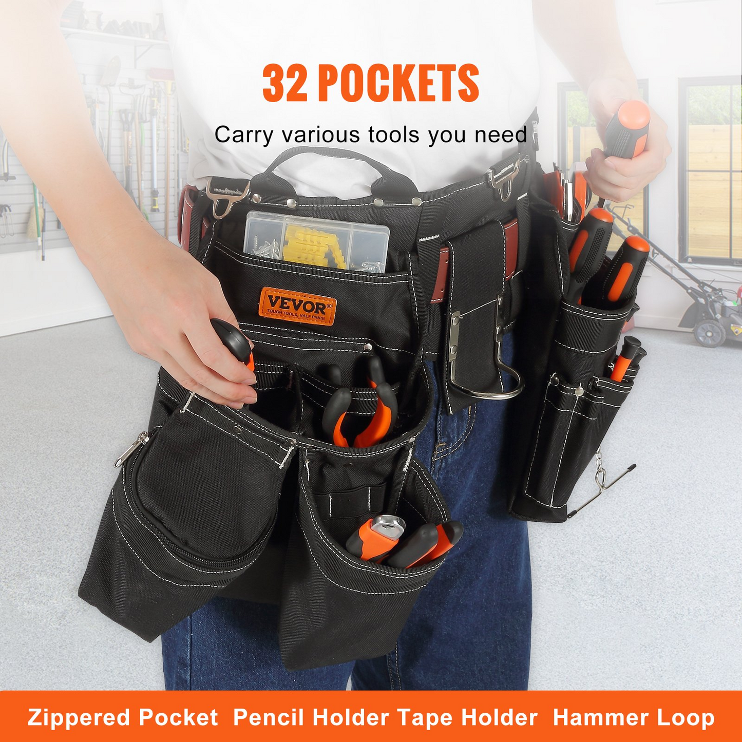 VEVOR Tool Belt, 32 Pockets, Adjusts from 32 Inches to 54 Inches, Nylon Heavy Duty Tool Pouch Bag, Detachable Tool Bag for Electrician, Carpenter, Handyman, Woodworker, Construction, Framer, Black