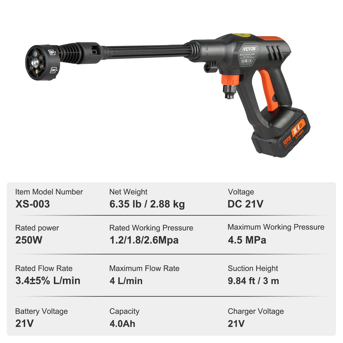 VEVOR sladdlös högtryckstvätt, 652-PSI 1,1 GPM bärbar strömrengörare, handhållen högtrycksbiltvättpistol med 4,0Ah batteri, laddare, 6-i-1 munstycke, för hem/golvrengöring och bevattning