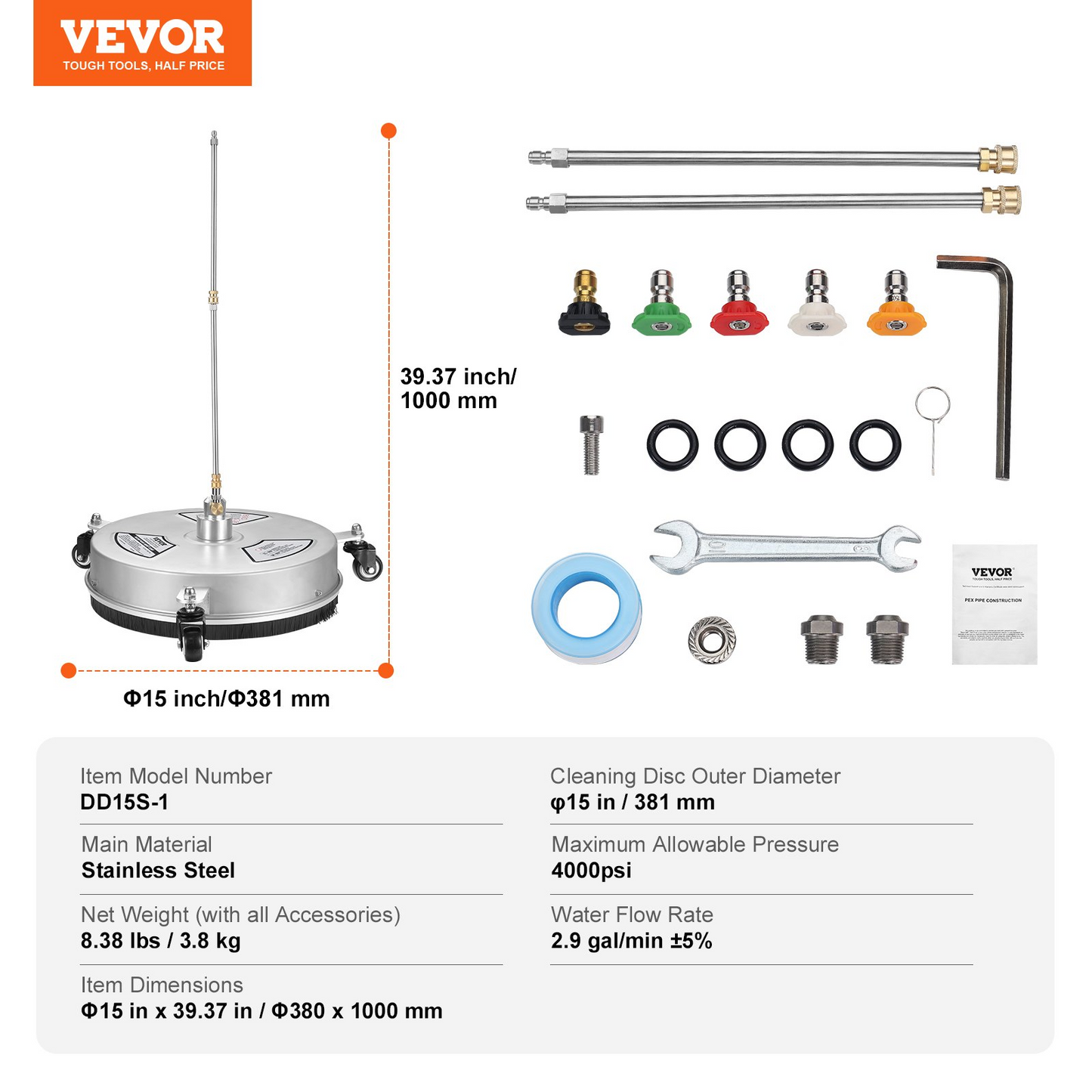 VEVOR 15" högtryckstvätt Ytrengöring med hjul, Rostfritt stål Betongrengöring 4000 Max PSI, 1/4" snabbkoppling med 2 förlängningsstav, kraftig kraftbricka för golvuppfart, uteplats