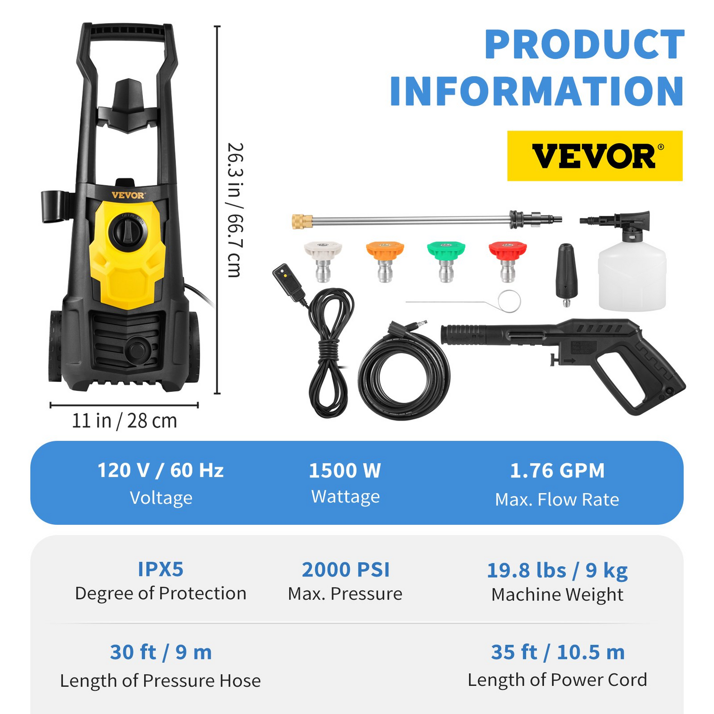 VEVOR Electric Pressure Washer, 2000 PSI, Max. 1.76 GPM Power Washer w/ 30 ft Hose, 5 Quick Connect Nozzles, Foam Cannon, Portable to Clean Patios, Cars, Fences, Driveways, ETL Listed