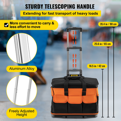 VEVOR verktygsväska 20-tums rullande verktygsväska med 17 fickor med två 2,56 tum hjul, Oxford-tygmaterial med teleskopiskt handtag, 198 lb lastkapacitet för trädgårdselektrikerverktygsorganisation