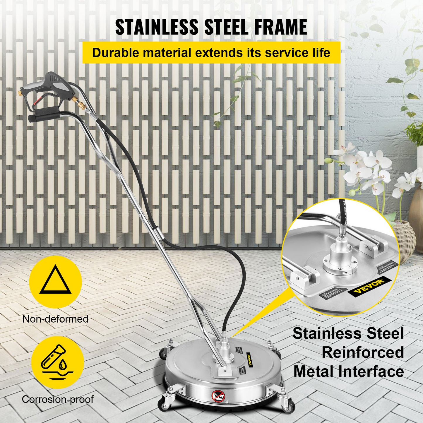VEVOR högtryckstvätt Ytrengöring, 23'', Max. 4000 PSI tryck med 3 munstycken för rengöring av uppfarter, trottoarer, ram i rostfritt stål med roterande handtag, hjul, passar för 3/8'' snabbkoppling