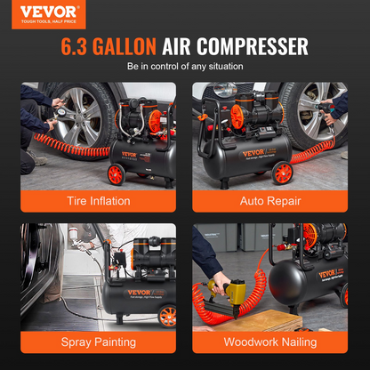 VEVOR Air Compressor 6.3 Gallon 1450W 3.35 CFM@ 90PSI 70 dB Ultra Quiet Oil Free